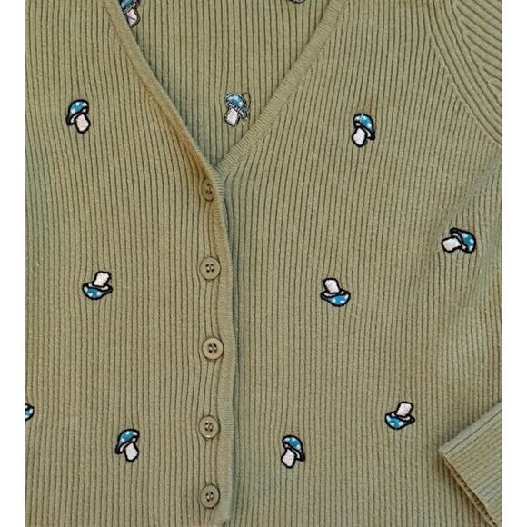LA Hearts Green Ribbed Button Embroidered Mushroom Cropped Cardigan Cottagecore - Picture 5 of 6